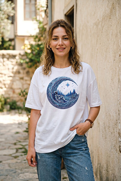 BAGAND Unisex Oversize Astronaut and Moon Printed White T-Shirt Space Themed ...