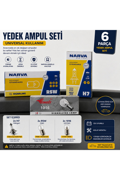 Narva 6 Parça H7 Yedek Ampul Seti | 2 Adet H7 + 2 Adet R5W + 2 Adet 1016 (21/...