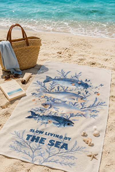 Rebeka Home Collection Beach Towel Blue Coral Fish Patterned 70X150 cm Lightw...