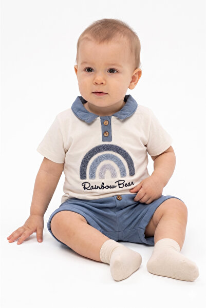 bebegen Baby Boy Ecru Blue Rainbow Embroidered Muslin 2-Piece Set