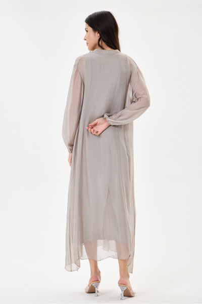 della moor Mink Italian Collar Ruffled Half Placket Buttoned Collar Lined Long Silk Dress 38 - 44 Size