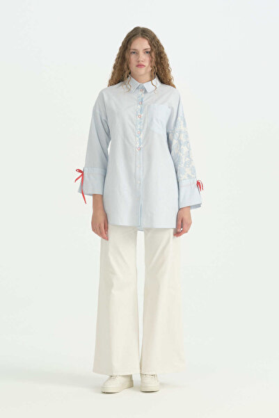 Nihan Striped and Patterned Fabric Mixed Cotton Tunic - Light Blue
