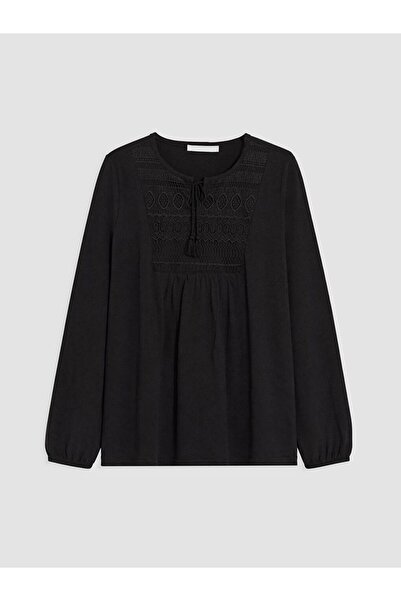 LC Waikiki Lcw Grace Black Tie Neck Embroidered Blouse