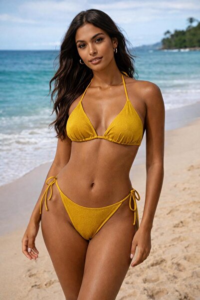 JUMALLİ Kadın Hardal Sarı Renk Likralı Boyundan Bağlamalı İpli Üçgen Bikini T...