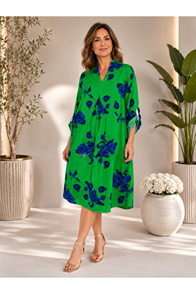 MENSAR OTANTİK Viscose Fabric Rose Dress with Pleated Front. Standard Size 38...