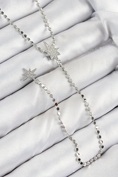 Marsilyan Brass Zircon Stone Crushed Chain Pole Star Model Silver Color Y Nec...