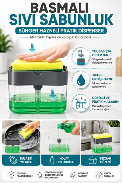 Hane Dostu Basmalı Sıvı Sabunluk ve Süngerlik 380 ml Hazneli Bulaşık Deterjan...