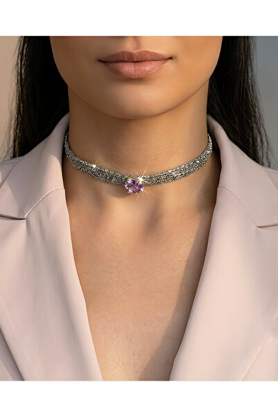 Eva Takı Store Cord Chain Knitted Crystal Stone Handmade Choker Collar Lilac ...
