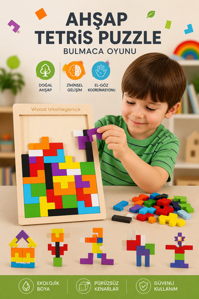 Circle Toys Ahşap Tetris Zeka Oyunu – Montessori Eğitici Renkli Geometrik Bulmaca Puzzle