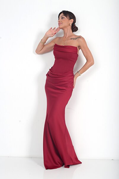 By Saygı Women's Strapless Lined Draped Crepe Satin Long Dress
