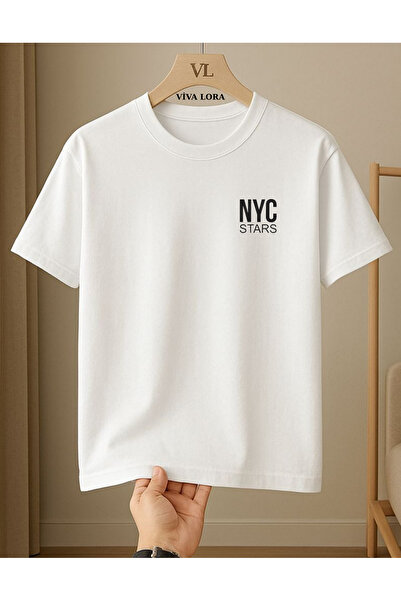 VİVA LORA Double Sided New York 89 Printed 100% Cotton Crew Neck Regular Unis...