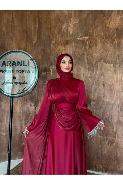 Aranlı tekstil Prenses Kesim Drapeli Kolu Taş Püsküllü Tesettür Abiye