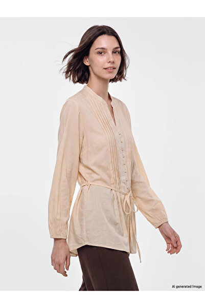 LC Waikiki Lcw Modest Yellow Pleated Belted Women's Shirt Tunic