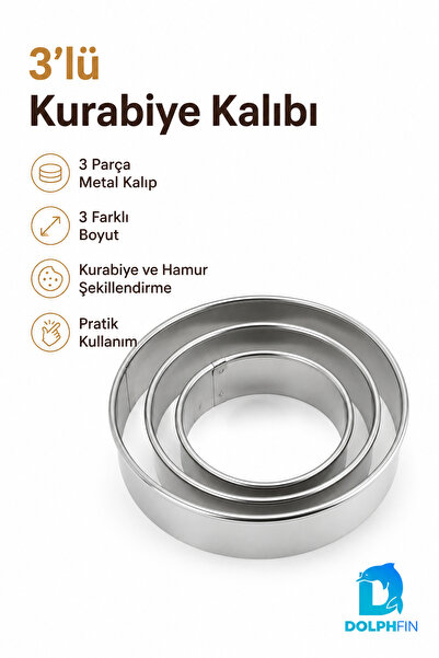DolphFin Yuvarlak Kurabiye Kalıbı 3’lü Metal Hamur Kesici Paslanmaz Kalıp Set...