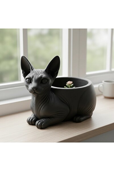 OEM Mini ghiveci decorativ Pisica Sphynx, Suport Plante si Suculente