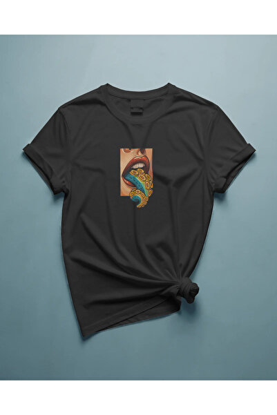 buzagi Octopus Tongue Oversize Unisex Black T-Shirt