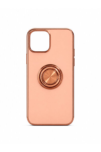iPhone 12 Uyumlu Yüzüklü Nikelaj Silikon Kılıf (Ring Stand) – Rose Gold | Yüzük Standlı Yükseltilmiş Kamera Çerçeveli Kılıf
