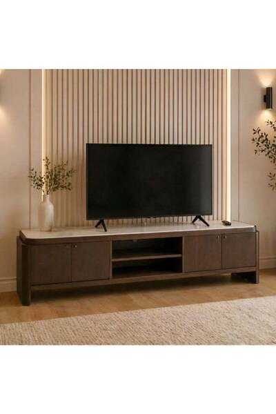 Danube Home Tory TV Unit With 3Doors Up to 80 Inch - Walnut/Beige