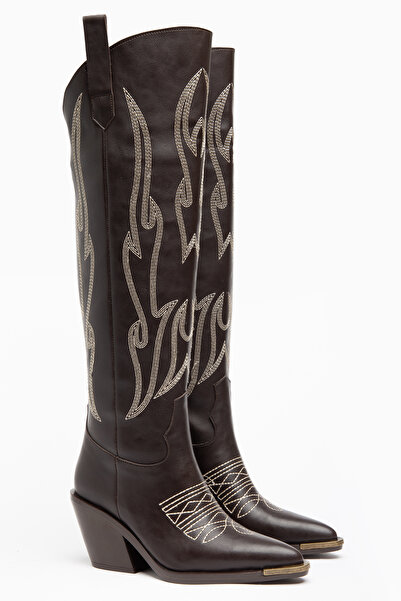 DENORA Bitter Brown Matte Leather Metal Toe Cap Embroidered Over-The-Knee Wes...