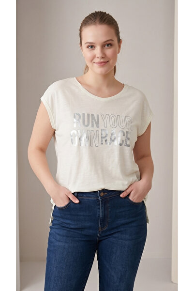 Collezione Women's T-Shirt Ecru Silver Foil Printed Loose Fit Women's T-Shirt