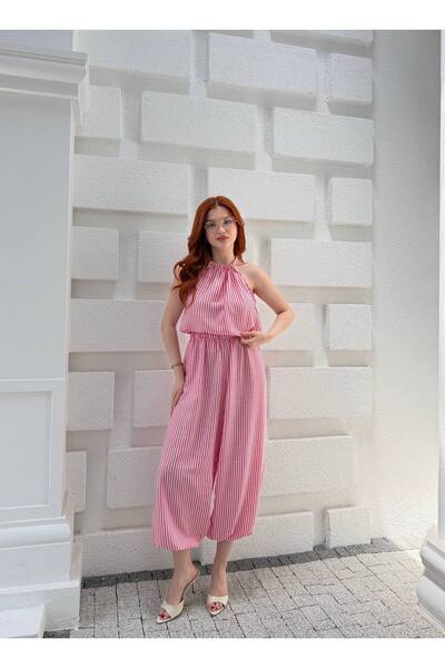 heree Women's Striped Halter Neck Two-Piece Set Casual Blouse Baggy Pants Summer Set