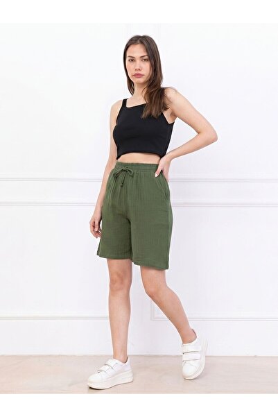Flubutik Women's Khaki Muslin Cotton Short Shorts