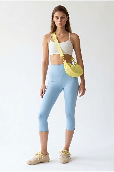 Mixray 2140 Women's High Waist Slit Capri Leggings Baby Blue