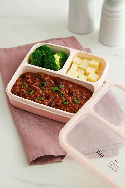 B&D Lunch Box with Airtight Lid, 3 Compartments, White and Rose Gold