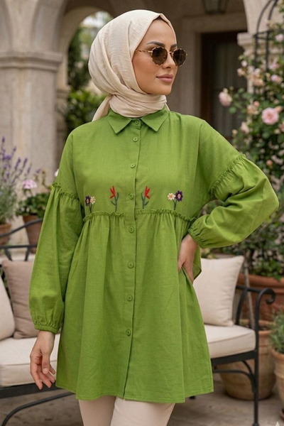 N.S NEVA STYLE Embroidery Patterned Pistachio Green Hijab Tunic 40603Fy