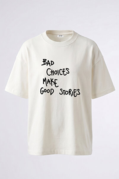 Anetos Μπλουζάκι με στάμπα Bad Choices Stories Design, Unisex, Oversize, Λευκό