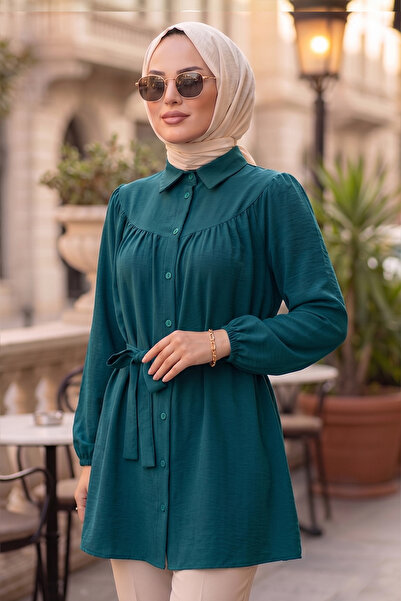 N.S NEVA STYLE Buttoned Petrol Green Hijab Tunic 10184Py