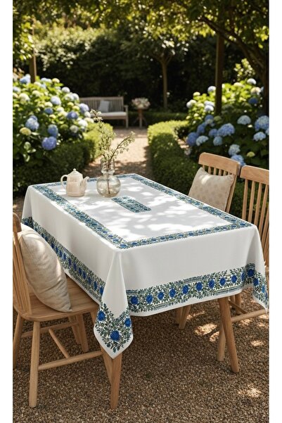 Softifyhome Dijital Baskılı Dertsiz Masa Örtüsü 160x220 cm 6-8 Kişilik Mavi Ç...