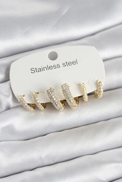 Clariss 316L Steel Gold Color Set of 6 Zircon Stone Hoop Model Women's Earrings