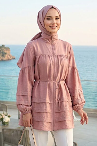 N.S NEVA STYLE Ruffle Detailed Powder Zippered Hijab Tunic 15131Pd