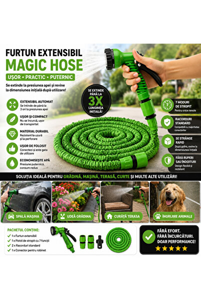 OEM Furtun Extensibil 60M Magic Hose cu Pistol de Stropit 7 Funcții – Se Exti...