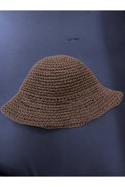 moimaaksesuar Women's Brown Straw Bucket Hat – Wide Brim Summer Beach Hat, Hand-Knitted Look Sun Protection Stylish Hat