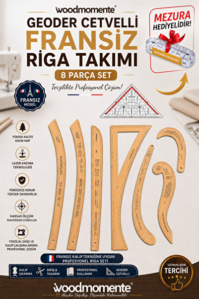 woodmomente Geoder Cetvelli Fransız Model 8 Parça Riga Takımı + Mezura Hediyeli