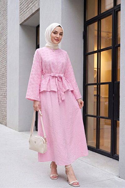 Modamorfo Single Button Belted Skirt with Pockets Embossed Patterned Jacquard...