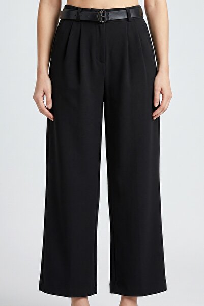 hadiora Women's Black Double Pleated Detailed Belted Pocketed Cotton Crepe Tr...
