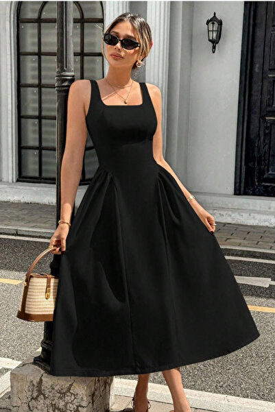 missamour Women's Square Neck Retro Midi Dress with Gathered Fluffy Skirt on ...