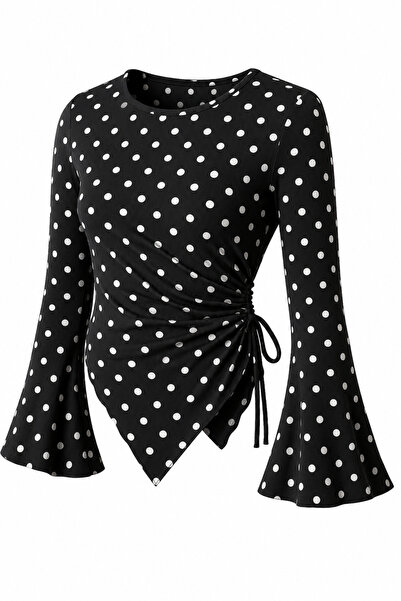 meren like your style Polka Dot Round Neck Drape Detailed Spanish Sleeve Hija...