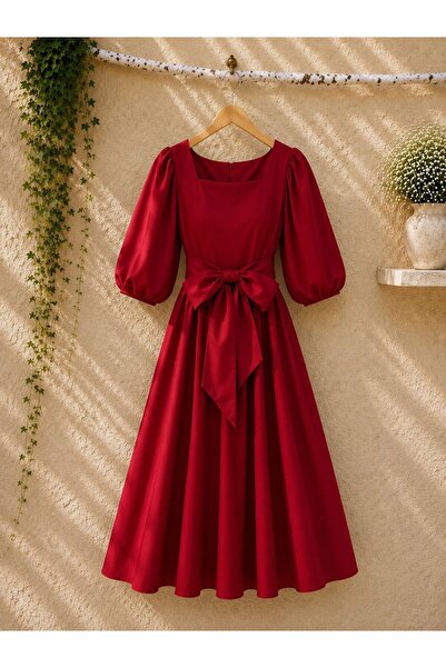 KÜÇÜĞÜM BUTİK Red Big Bow Collar Poplin Flared Square Dress