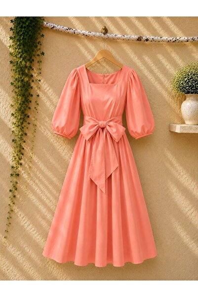 KÜÇÜĞÜM BUTİK Pomegranate Flower Flared Large Bow Square Neck Poplin Dress