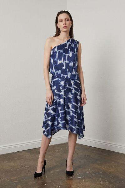 Hiccup My Fashion Asymmetric Satin Blouse and Midi Skirt Set
