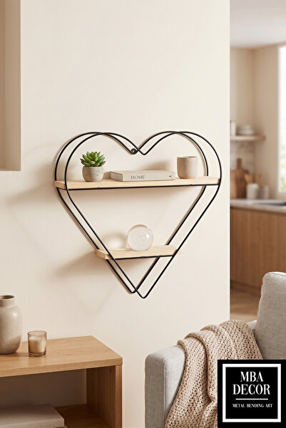 mba decor metal bending art Kalp Tasarımlı 2 Katlı Ahşap Duvar Rafı 4 mm Dolu Tel Siyah Metal Standlı Dekoratif Raf 40x42 cm