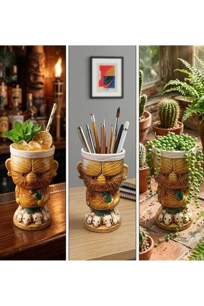 PALU GASTRO Porcelain Tribal Figured Tiki Design Mug, Pen Holder and Flower P...