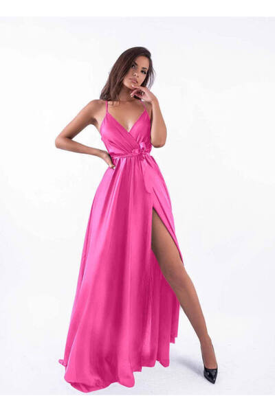 Woman's Fashion Καλοκαιρινό μάξι βραδινό σατέν ροζ φόρεμα