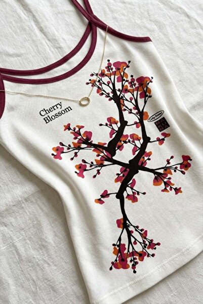 İsra Ayyıldız Moonstar Collection Beyaz Cherry Blossom Kırmızı Şerit Yaka Y2K...