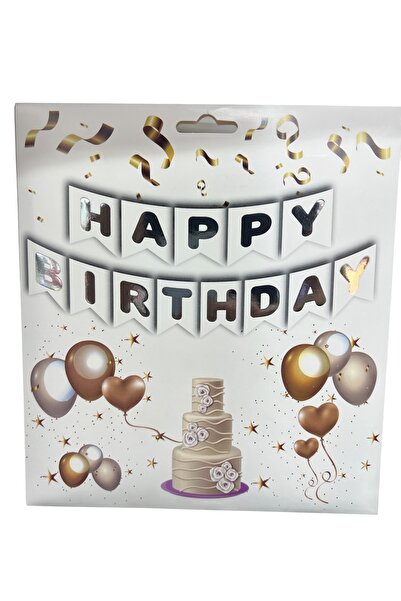 Particimden Beyaz Gümüş Yaldızlı Happy Birthday Flama Banner - Doğum Günü Süsleme Seti Gümüş Varak Yazısı Afiş