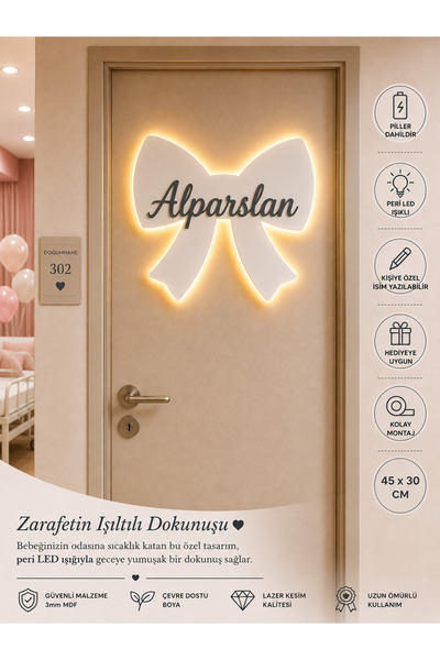 Windly Concept LED Işıklı Kişiye Özel Kurdele Kapı Süsü İsimli Bebek Odası De...